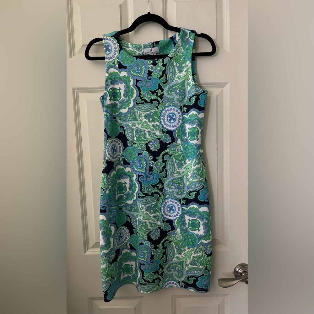 Jude Connally Green Blue Dress Paisley Sleeveless Dress Stretch flattering fit S